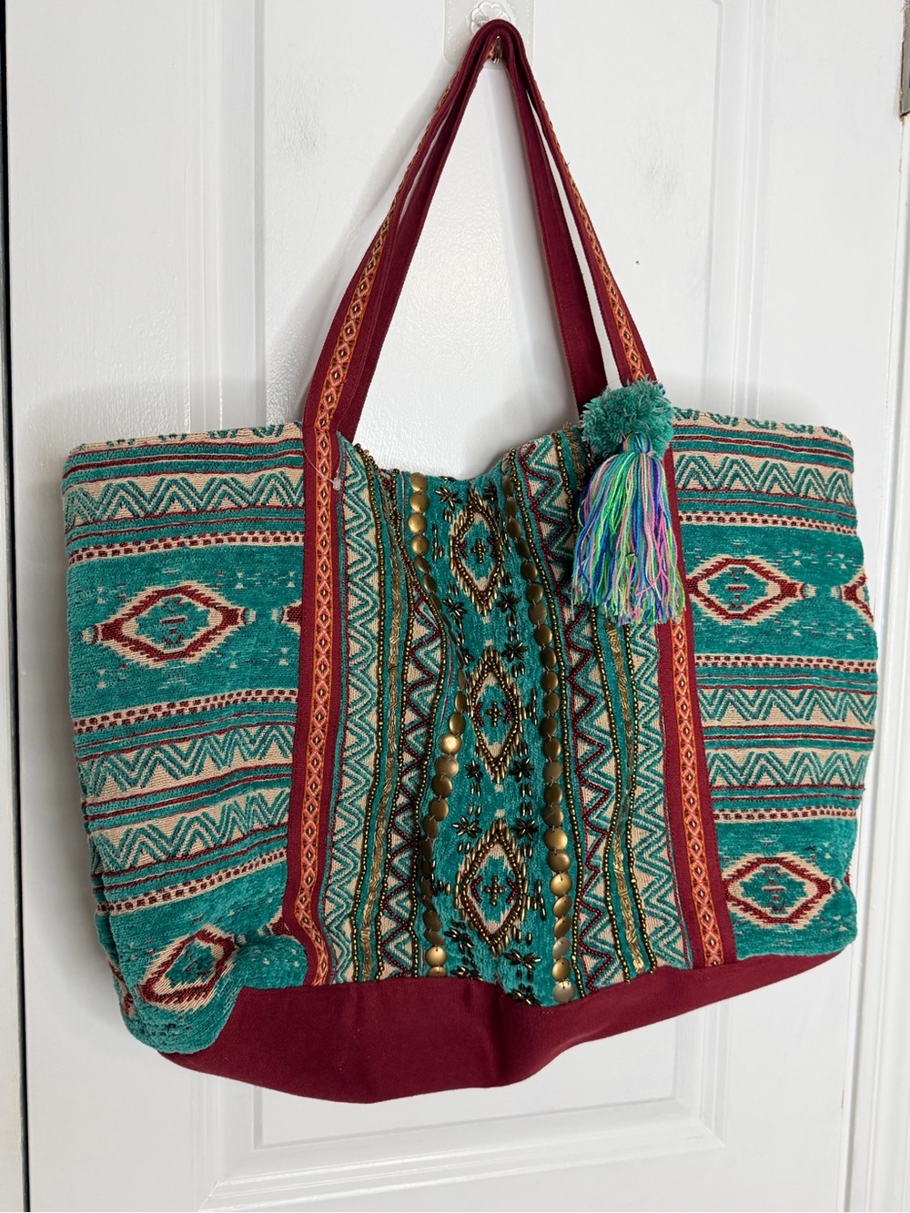 America & Beyond Large Turquoise Embellished Boho Large Tote Bag Tassel